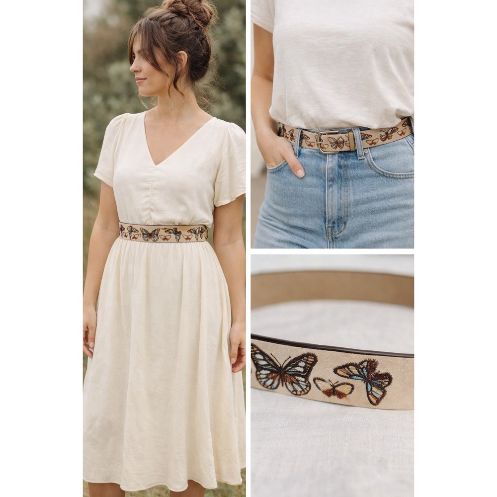 Large Womens Tan Butterfly Embroidered Belt Handmade Cottagecore Boho Fairycore